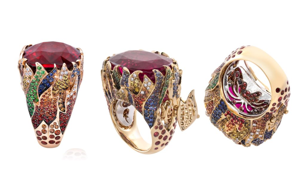 Three different views of the "Flames" ring in colorful gems with a rubellite center stone.
