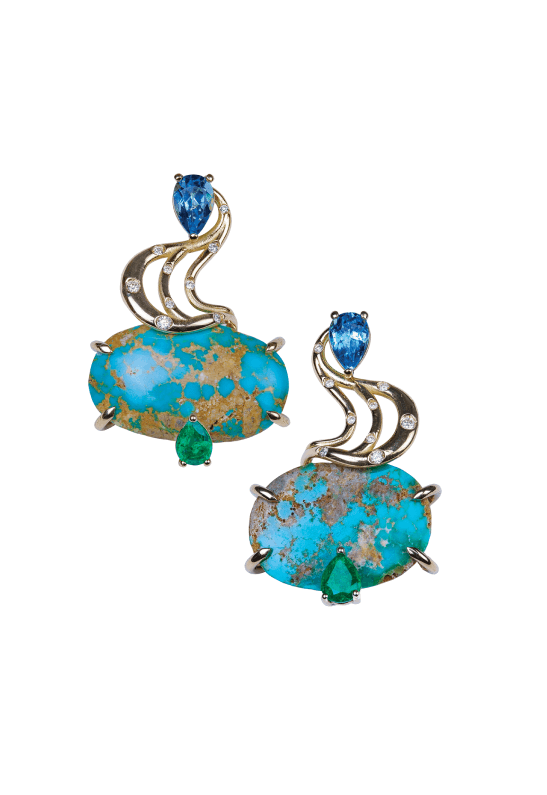 Persian turquoise, emerald, sapphire, and diamond earrings in 18K gold by Caroline C. (Photo: Caroline C)