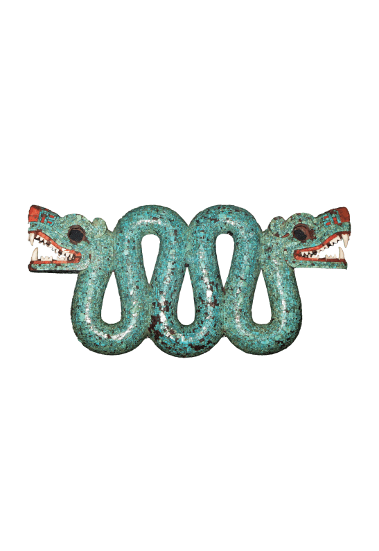 Aztec double-headed serpent chest ornament with 15,000 turquoise mosaics covering a wooden base, with spiny oyster and conch shell, 15th century, in the British Museum. (Photo: Geni, CC BY-SA 4.0, Wikimedia Commons)